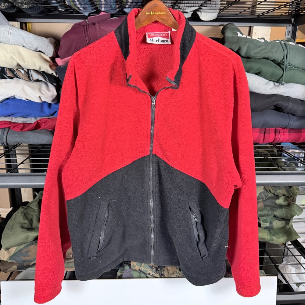 Marlboro Unlimited Mens Red Black Fleece Full Zip Jacket‎ Size L